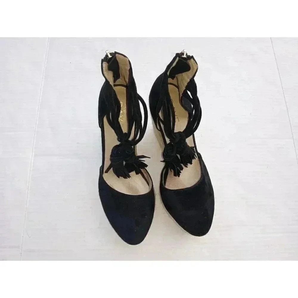 Raye Womens Dixie Espadrilles Heel Black Suede Tassel High Almond Toe Zipper 7